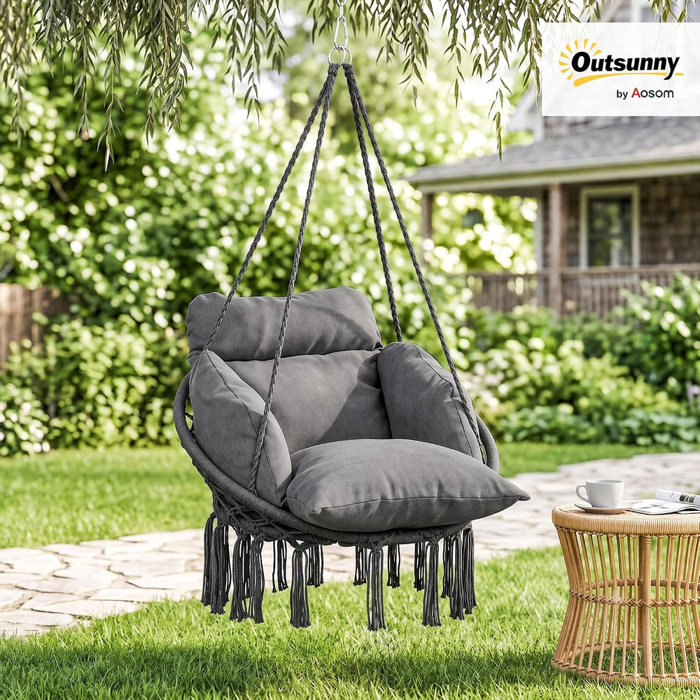 Outsunny Hammock Swing Chair w/Large Cushion Cotton Rope Chain Dark Gray