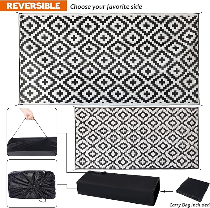 SAND MINE Waterproof Outdoor Rug 9x18 ft, Plastic Straw Rug, Modern Area Rug,...