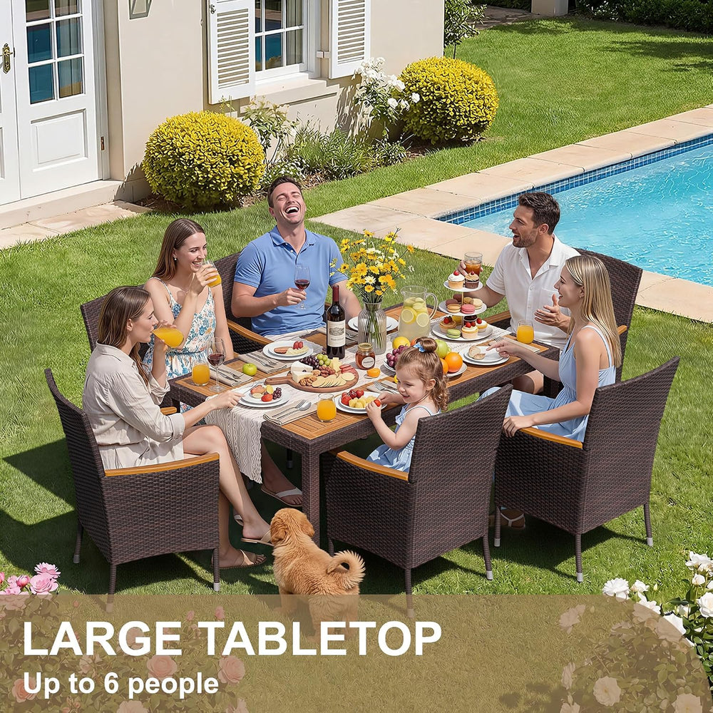Devoko 7 PCS Acacia Wood Patio Dining Set, Brown Rattan