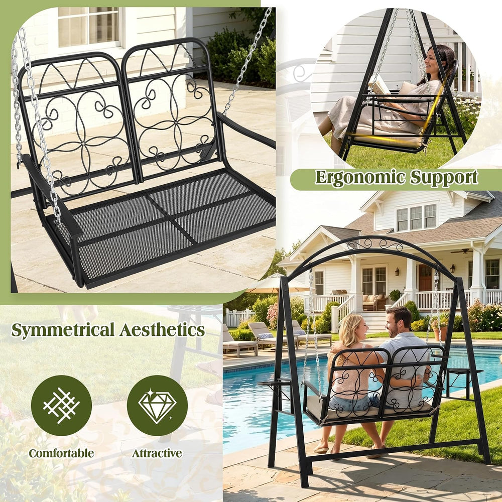 Porch Swing with Stand, 2-Person Metal Patio Swing with Cup Holder