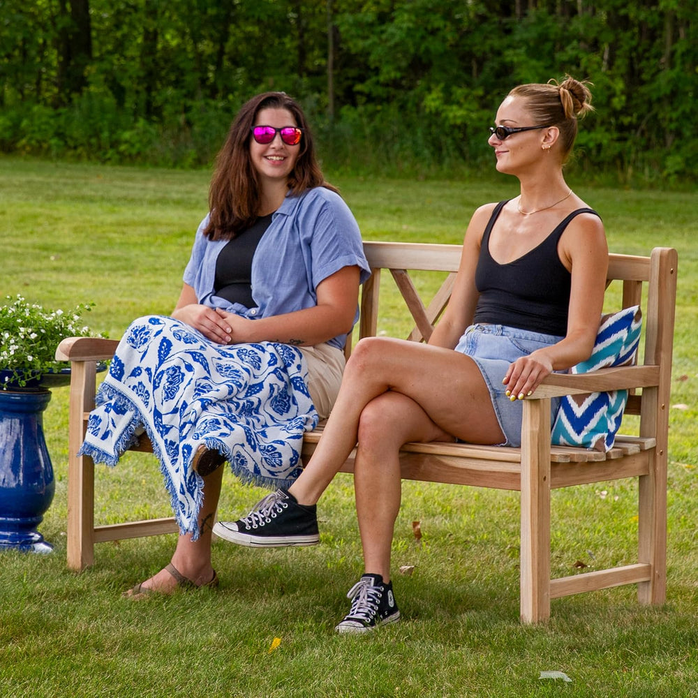 Sunnydaze 2-Person Cross-Back Wooden Teak Outdoor Bench for Porch, 59-Inch