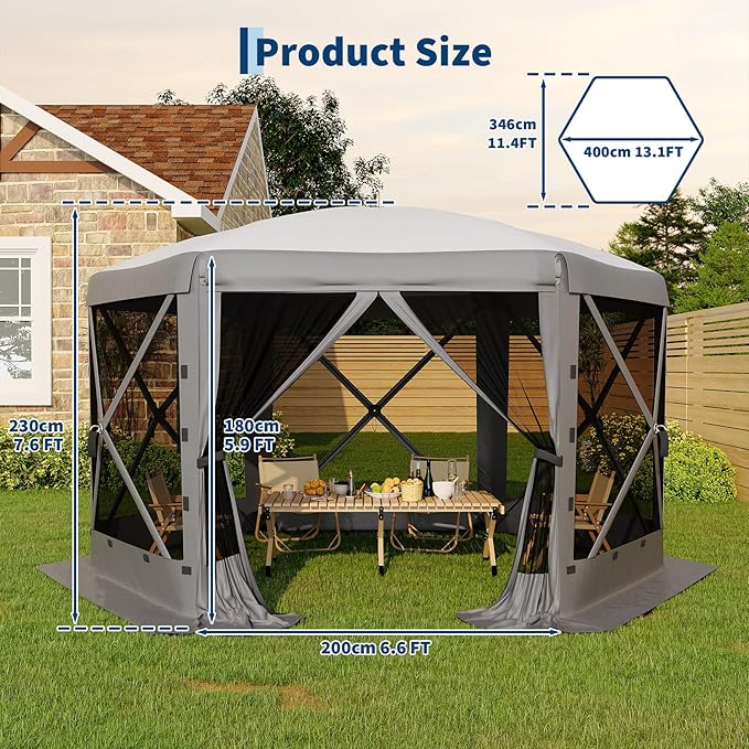 13x13FT 6-Sided Pop Up Gazebo Tent,One-Push Setup Canopy Tent with Removable ...
