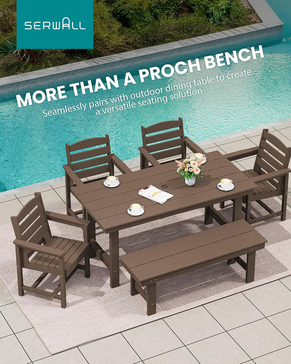 SERWALL 2-Person Backless Outdoor Bench 56 Inches, Coffee, 2 Pack
