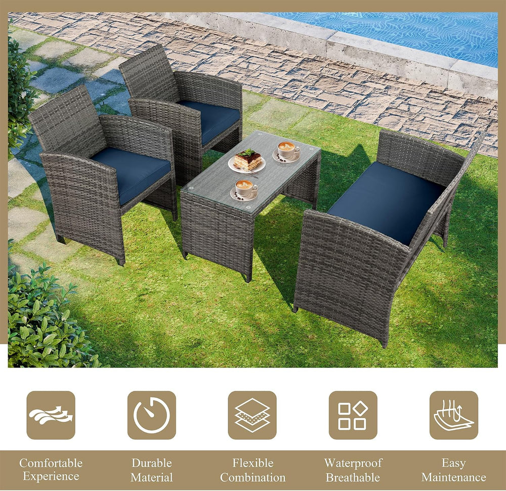 JAMFLY 4 Piece Outdoor Patio Furniture Set, Outdoor Wicker Rattan Chairs Conv...