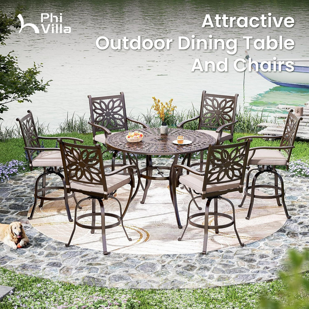 PHI VILLA Outdoor Bar Stools Swivel Set of 2,Cast Aluminum Patio Bar