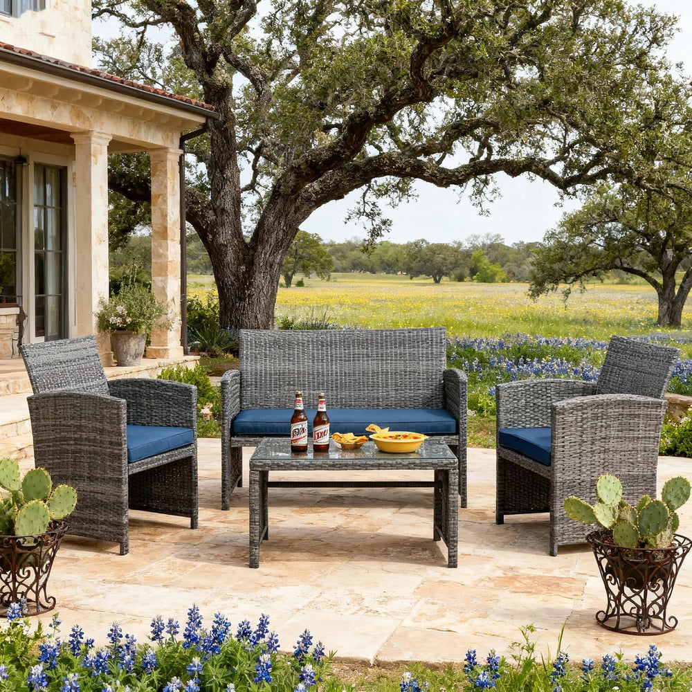 JAMFLY 4 Piece Outdoor Patio Furniture Set, Outdoor Wicker Rattan Chairs Conv...