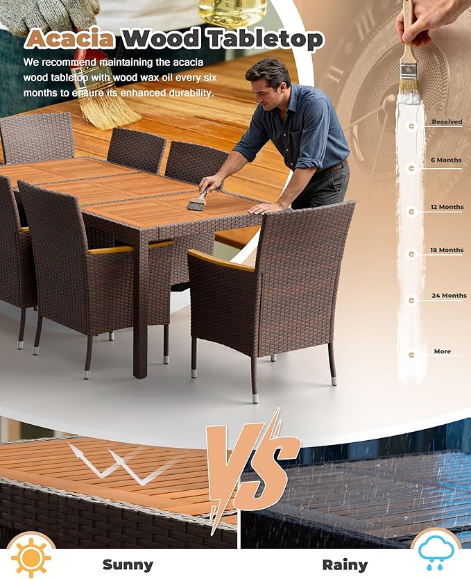 Flamaker 9 Piece Patio Dining Set Outdoor Acacia Wood Table and Chairs with S...