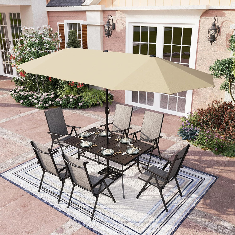 PHI VILLA Outdoor Patio Dining Set with Umbrella for 6, Folding Chairs