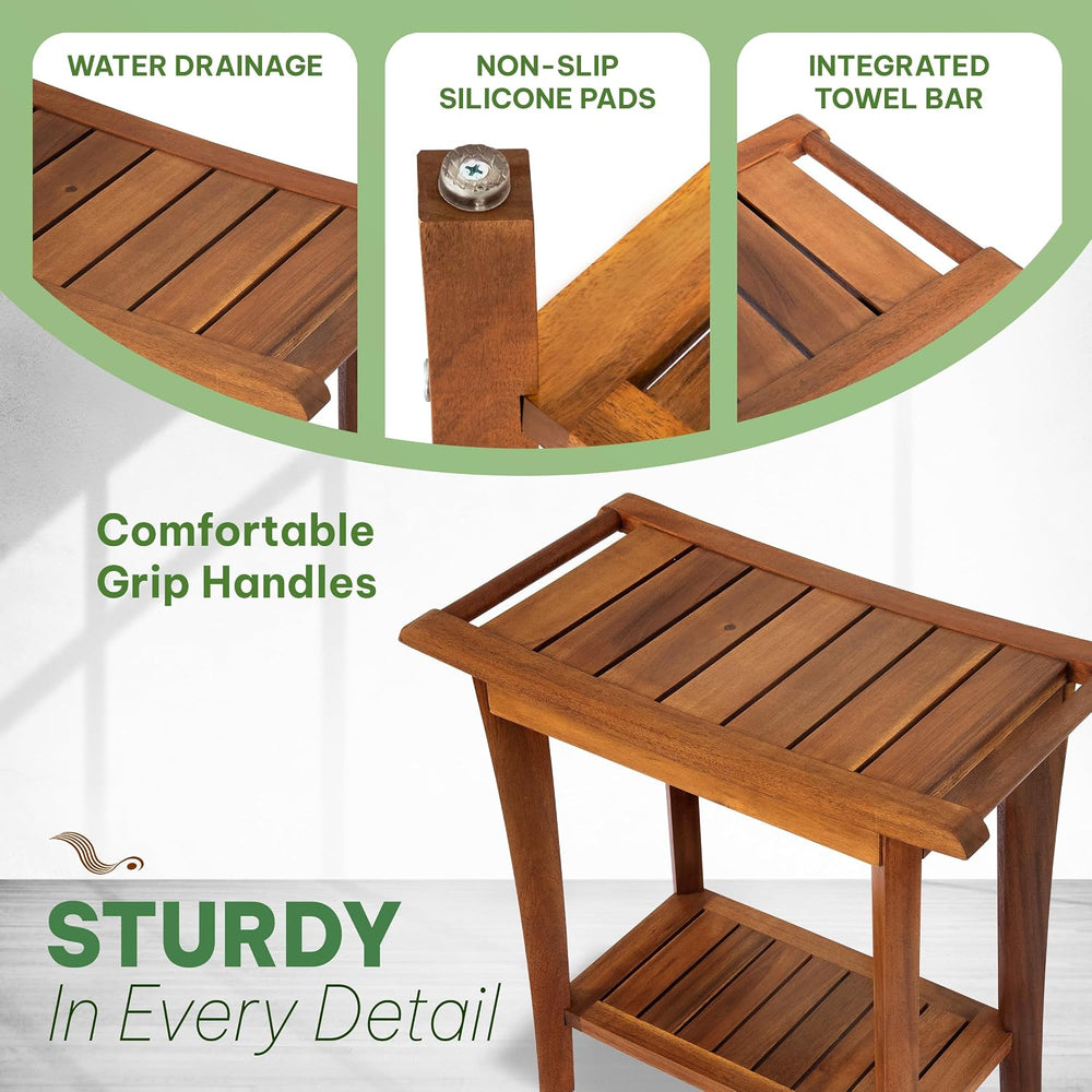 Solid Wood Shower Bench, Shower Stool Chair, Waterproof Non-Slip, Honey Oak