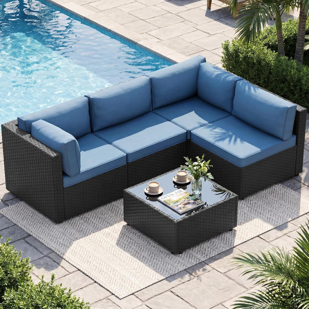 5 Piece Outdoor Patio Furniture Set with Black PE Rattan, Navy Blue