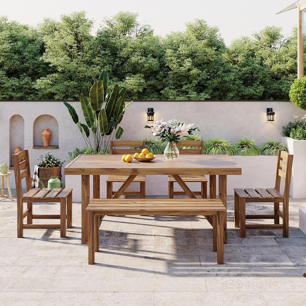 RuiSiSi Outdoor Dining Table Set for 6, Acacia Wood Patio Dining Set with Ben...