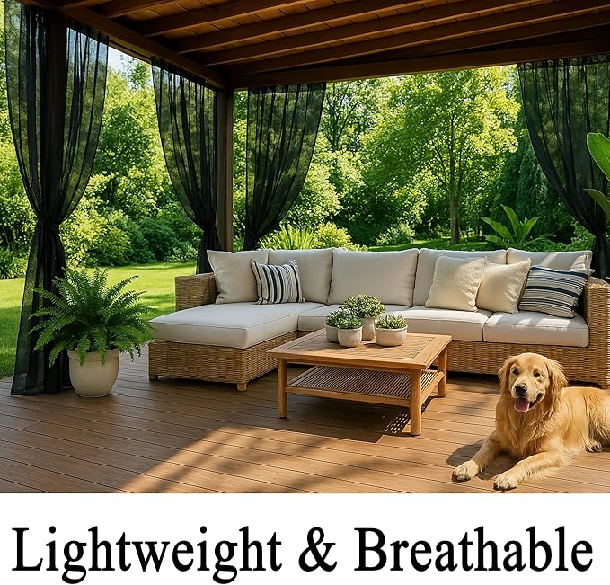Extra Wide Outdoor Curtains Waterproof Black Voile Mesh Screen Lightweight Pr...