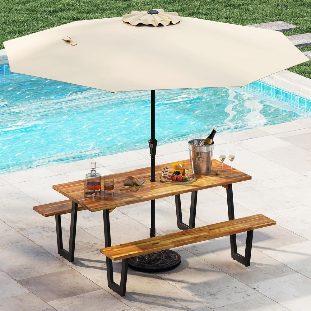 S AFSTAR 70" Acacia Wood Outdoor Picnic Table Set with 10Ft Umbrella &am...