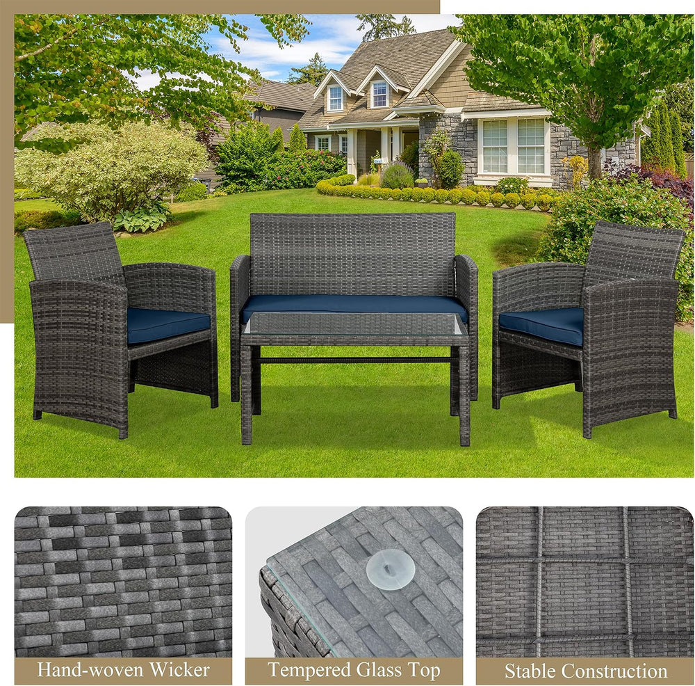 JAMFLY 4 Piece Outdoor Patio Furniture Set, Outdoor Wicker Rattan Chairs Conv...