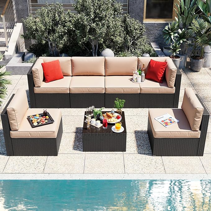 Vongrasig 7 Pieces Patio Furniture Sets, Outdoor Patio Conversation Set PE Ra...