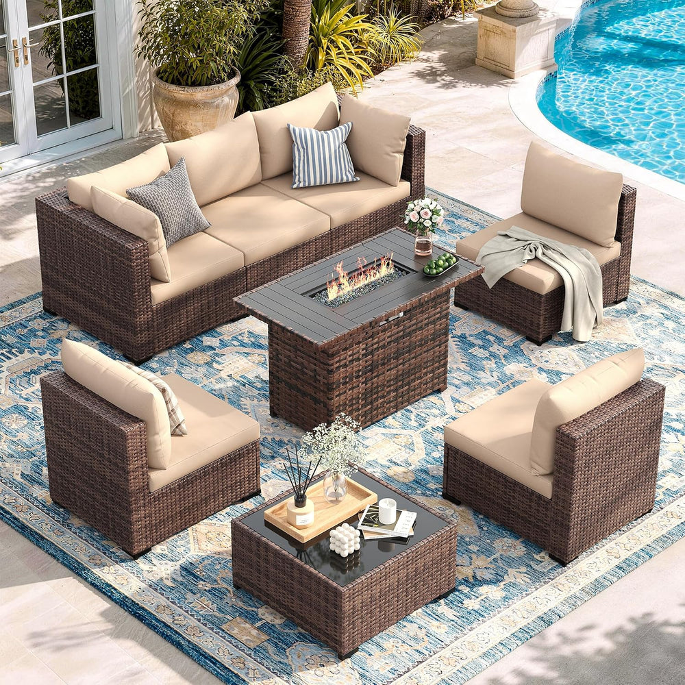 UDPATIO Patio Furniture Set with Fire Pit Table, 8-Piece Wicker Patio Set