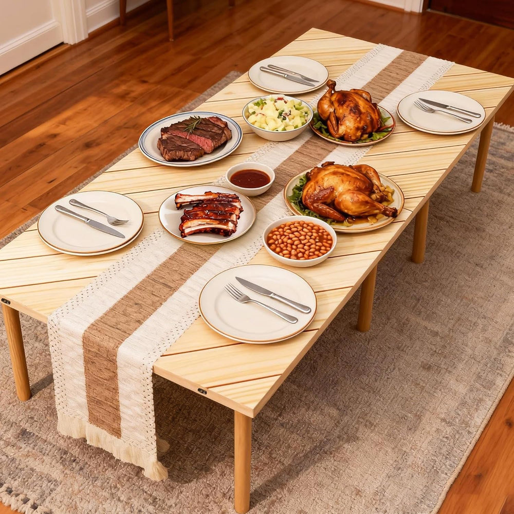 Folding Picnic Table with Boho Table Runner 60" x 30" Wooden Low Ta...