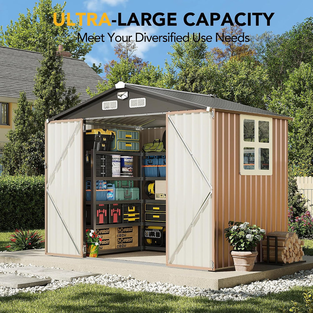 8x6FT Outdoor Storage Shed, Tool Shed with Sloping Roof and Lockable Door, Ga...