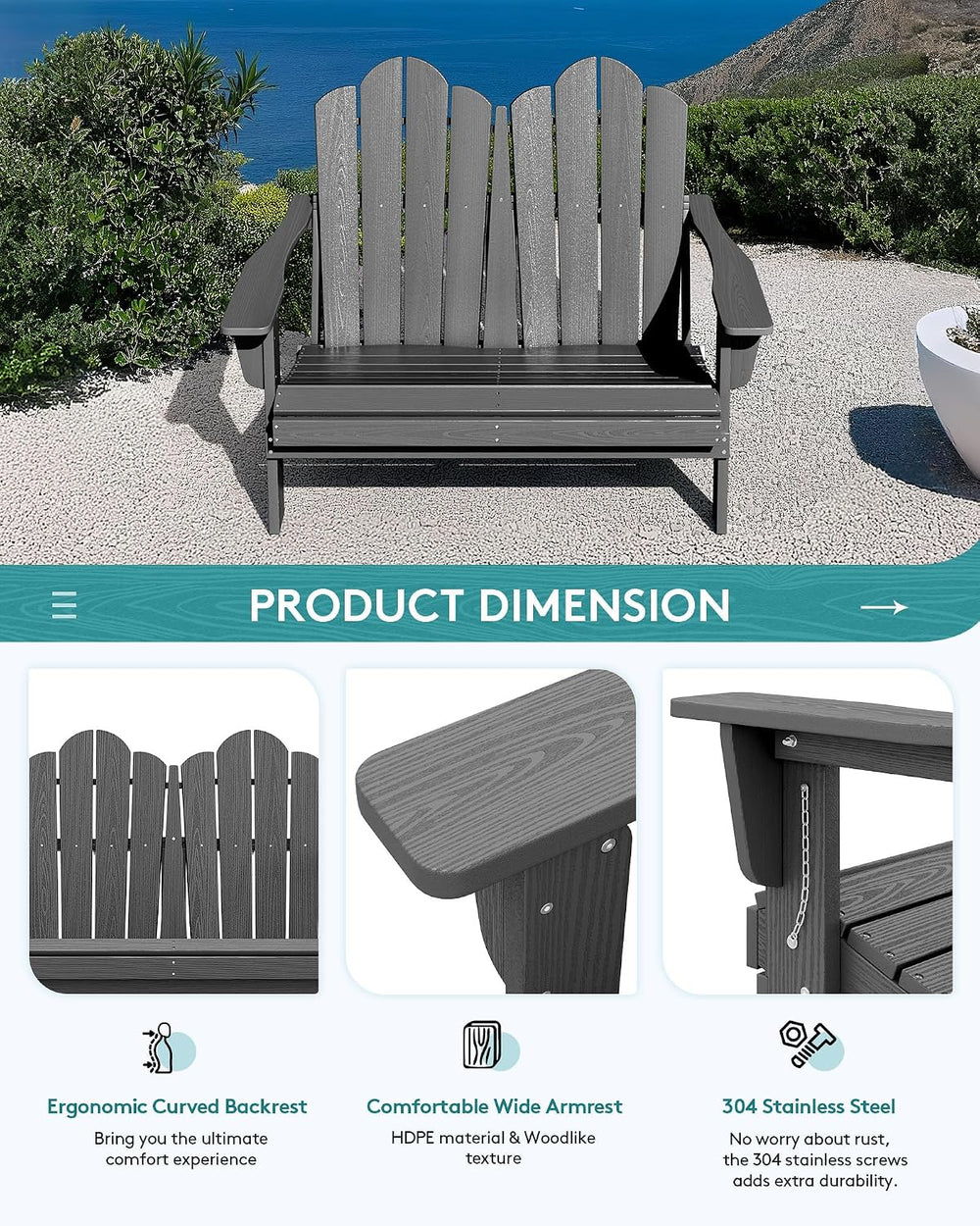 SERWALL Folding Adirondack Bench, HDPE All-Weather, 660lbs Cap, Grey