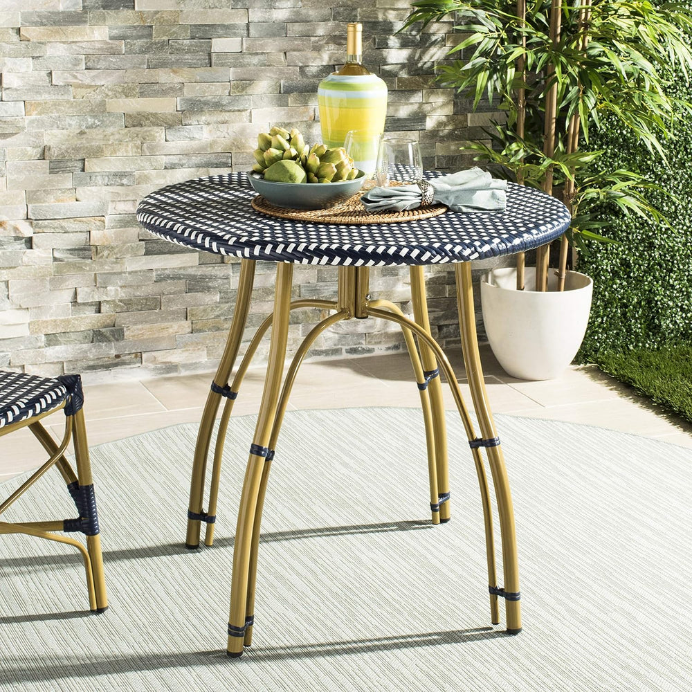 SAFAVIEH Outdoor Kylie Wicker Patio Bistro Table, 31.5" Navy/White PAT4011A