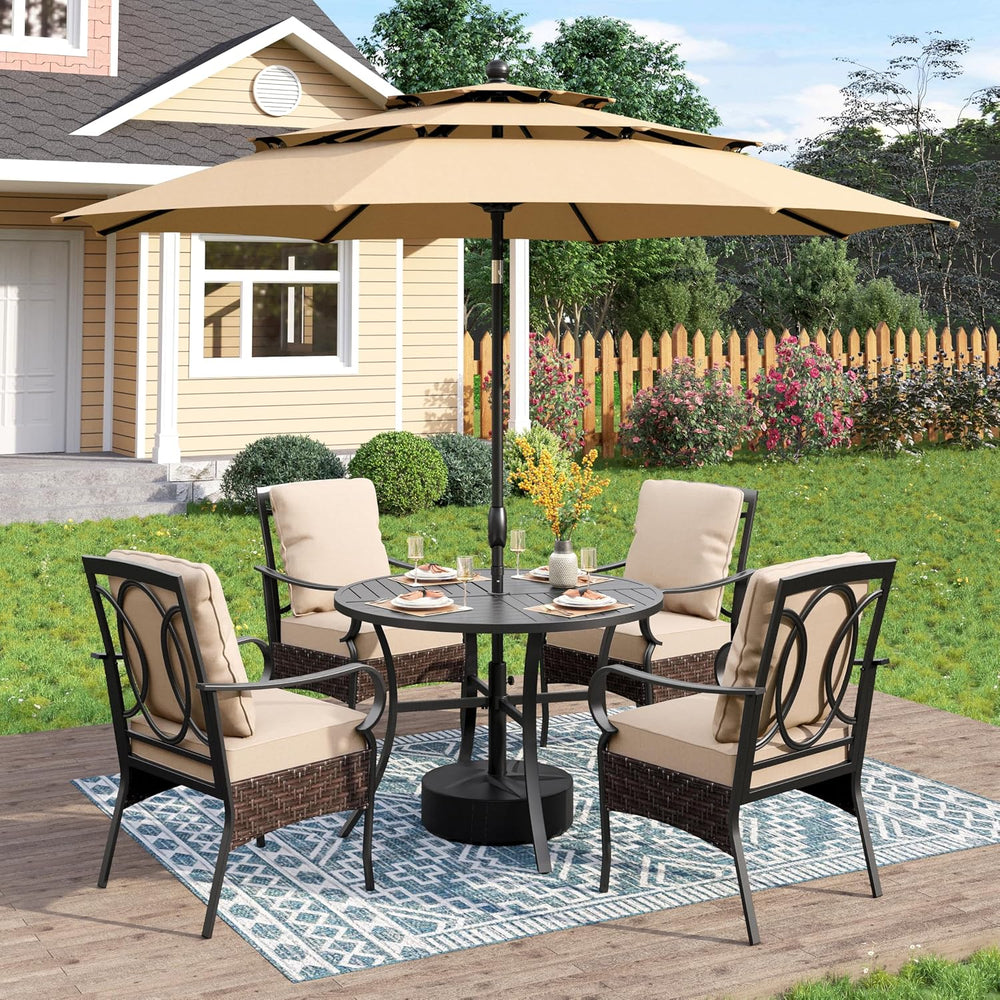 PHI VILLA 5 Piece Round Patio Dining Set with Umbrella, Wicker Chairs