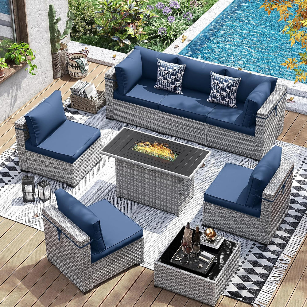UDPATIO Patio Furniture Set with 44'' Fire Pit Table, 8 PCS Outdoor S...