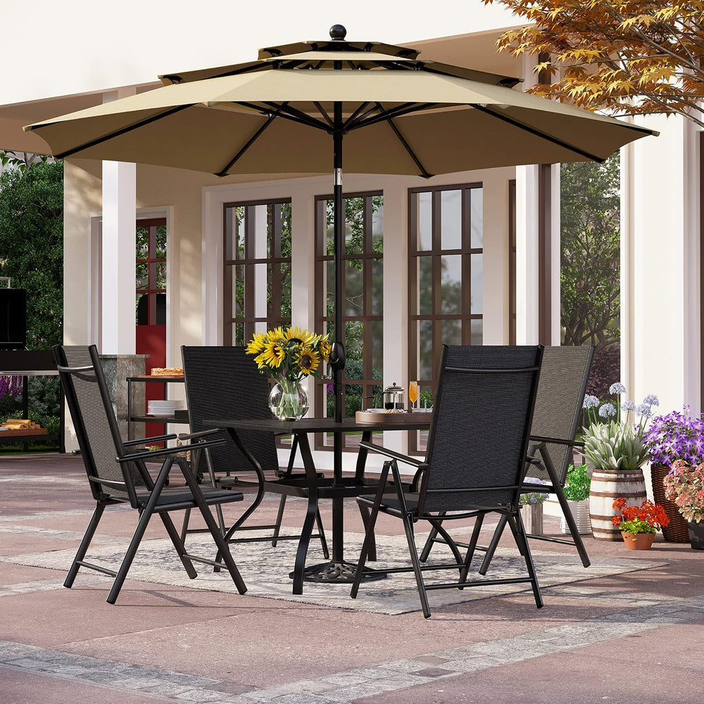 PHI VILLA Outdoor Patio Dining Set with Umbrella for 4, Folding Chairs
