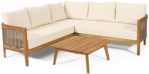 Merax 4 Piece Rattan Sofa Paito Conversation Set, All-Weather Acacia Wood V-S...