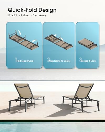 Foldable Outdoor Lounge Chair, No Assembly Patio Chaise Lounge Outdoor with 5...