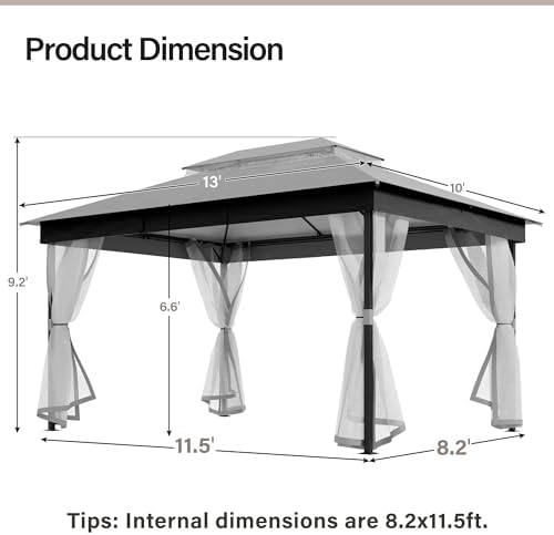 LAUSAINT HOME 10x13 Upgraded Gazebo with Netting and Double Roof