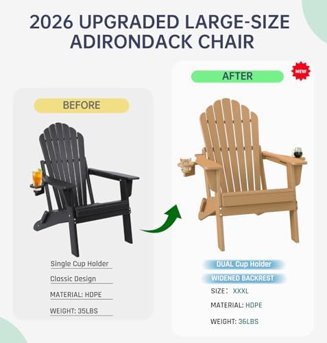 Outdoor HDPE Folding Adirondack Chair Set of 4, High Back Wide Seat Patio Cha...