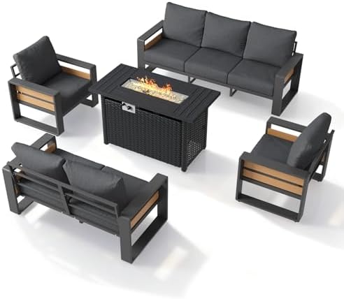 Aoxun Aluminum Patio Furniture Set with Fire Pit Table, 5 Piece Luxury Outdoo...