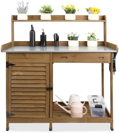 Ketive Outdoor Potting Bench with Storage, 41-Inch Metal Tabletop