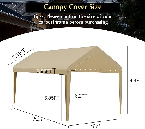 10x20 FT Car Canopy Replacement Cover, 800D Waterproof & UV, Beige
