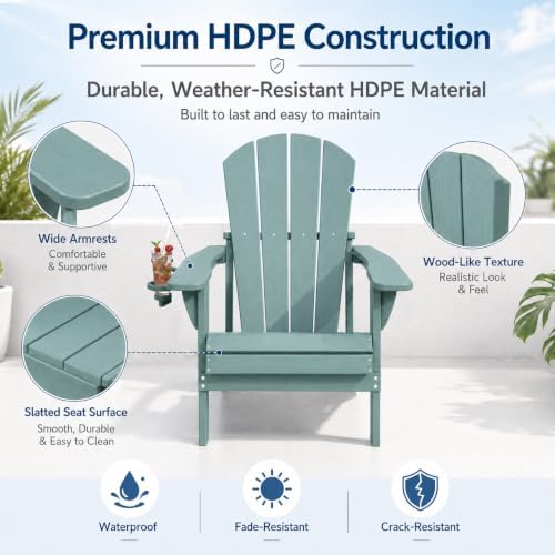 Folding Adirondack Chairs Set of 4 with Cup Holders, Heavy-Duty HDPE Plastic ...
