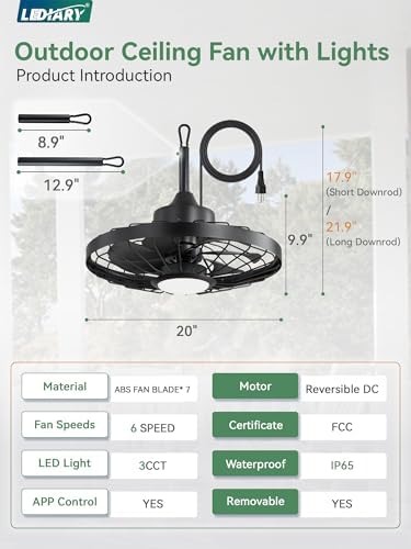 LEDIARY 20" Outdoor IP65 Waterproof Plug in Ceiling Fan with Lights