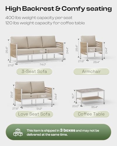 Aluminum Outdoor Patio Furniture Set with Dual-Layer Coffee Table, 4 Piece Mo...