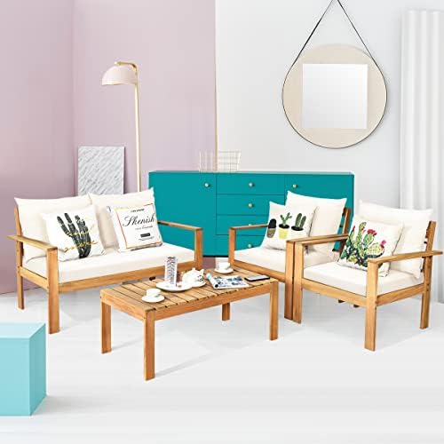 Tangkula Outdoor 4-Piece Acacia Wood Chat Set, 4 Seater Acacia Wood Conversat...