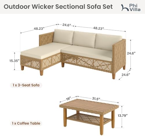 PHI VILLA Outdoor Sectional Couch, Small L-Shaped Patio Sofa Sets, Beige