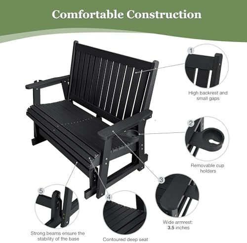 HIPS Patio Glider Two-Seat with Cup Holders, Durable HIPS Material, All-Weath...