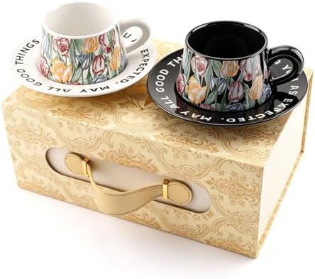 Vintage Coffee Cups and Saucers Set of 2, Black & White, 7 oz