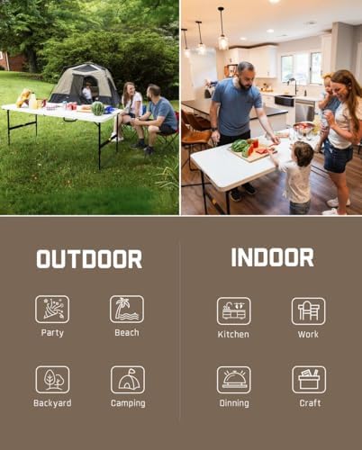 FanttikOutdoor Folding Table Plastic 6ft Quick Adjust 3-Height Picnic Party
