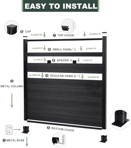 Mondaria Semi-Closed Privacy Fence Panels with 2 Posts for Outside, 6ft(W) x ...