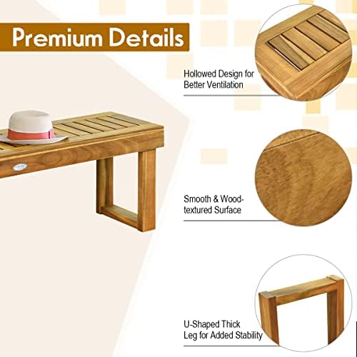 Tangkula 52" Acacia Wood Outdoor Bench, Wood Patio Dining Bench with Sla...