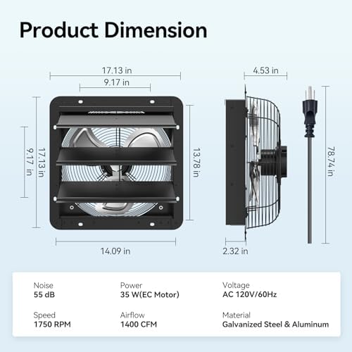 addlon 16" Shutter Exhaust Fan, Remote 8-Speed 60W EC Motor, 1700 CFM