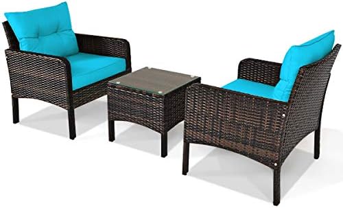 HAPPYGRILL 3 Pieces Patio Furniture Set, Outdoor Rattan Wicker Conversation S...