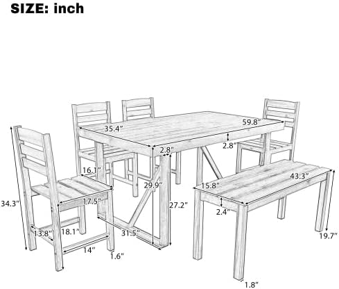 RuiSiSi Outdoor Dining Table Set for 6, Acacia Wood Patio Dining Set with Ben...