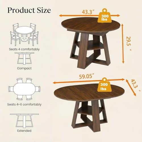5-Piece Round Dining Table Set for 4, 43.3"-59" Extendable Round to...