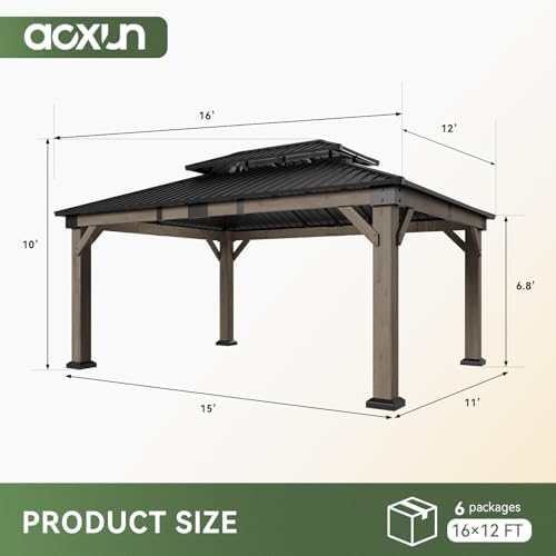 Aoxun 12x16 FT Heavy Duty Cedar Wood Carport, Double Galvanized Steel Roof