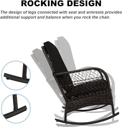 LEVELEVE 3 pcs Rocking Bistro Set Conversation Chairs PE Wicker Outdoor Rocki...